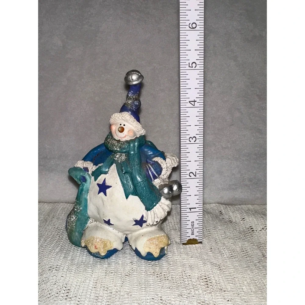 Adorable Christmas Snowman Figurine Blue Stars Scarf Bells‎ Festive Decor